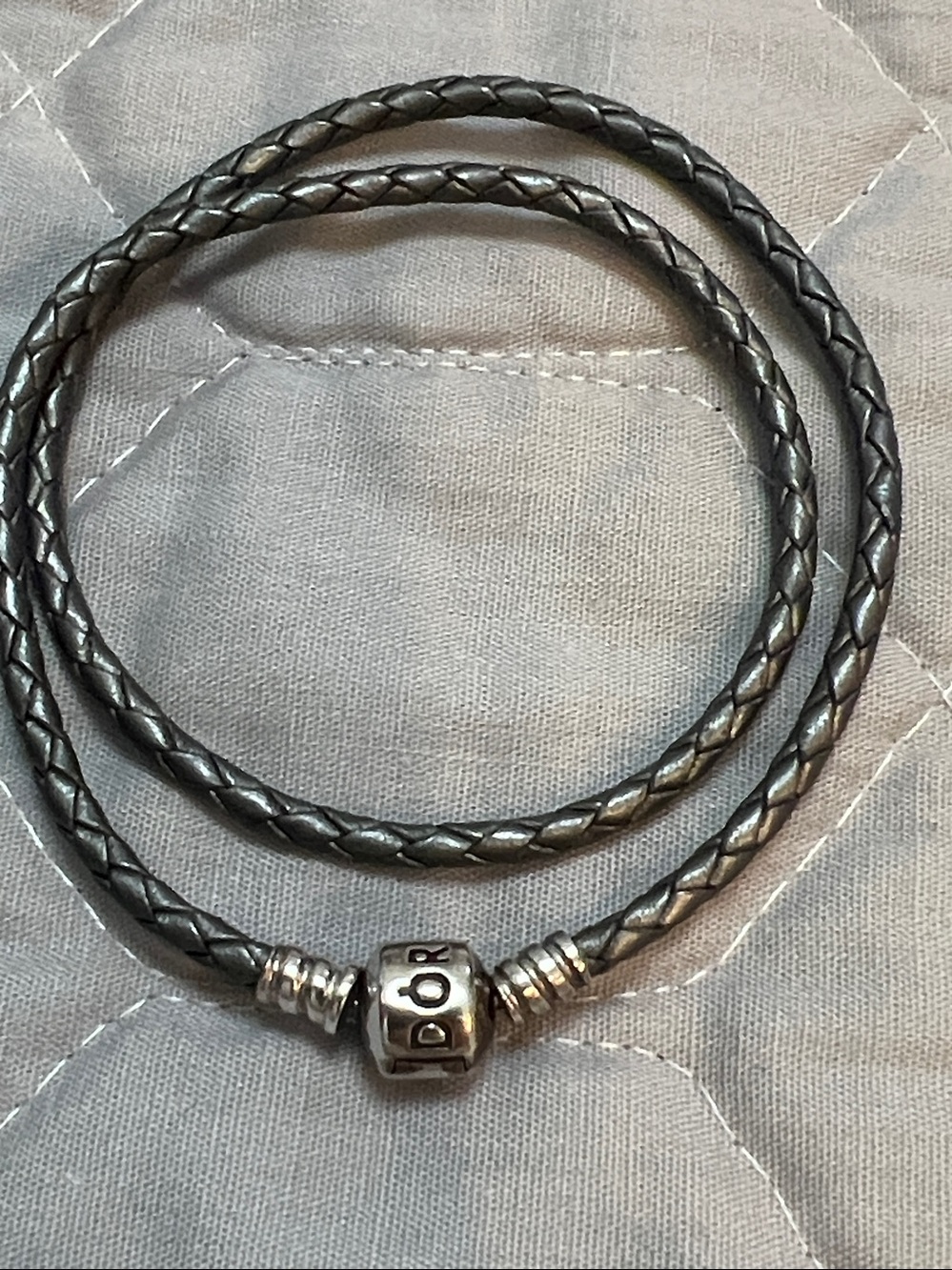 Pandora Double Metallic Light Grey Leather Bracelet Sterling Silver 15” - Picture 2 of 8